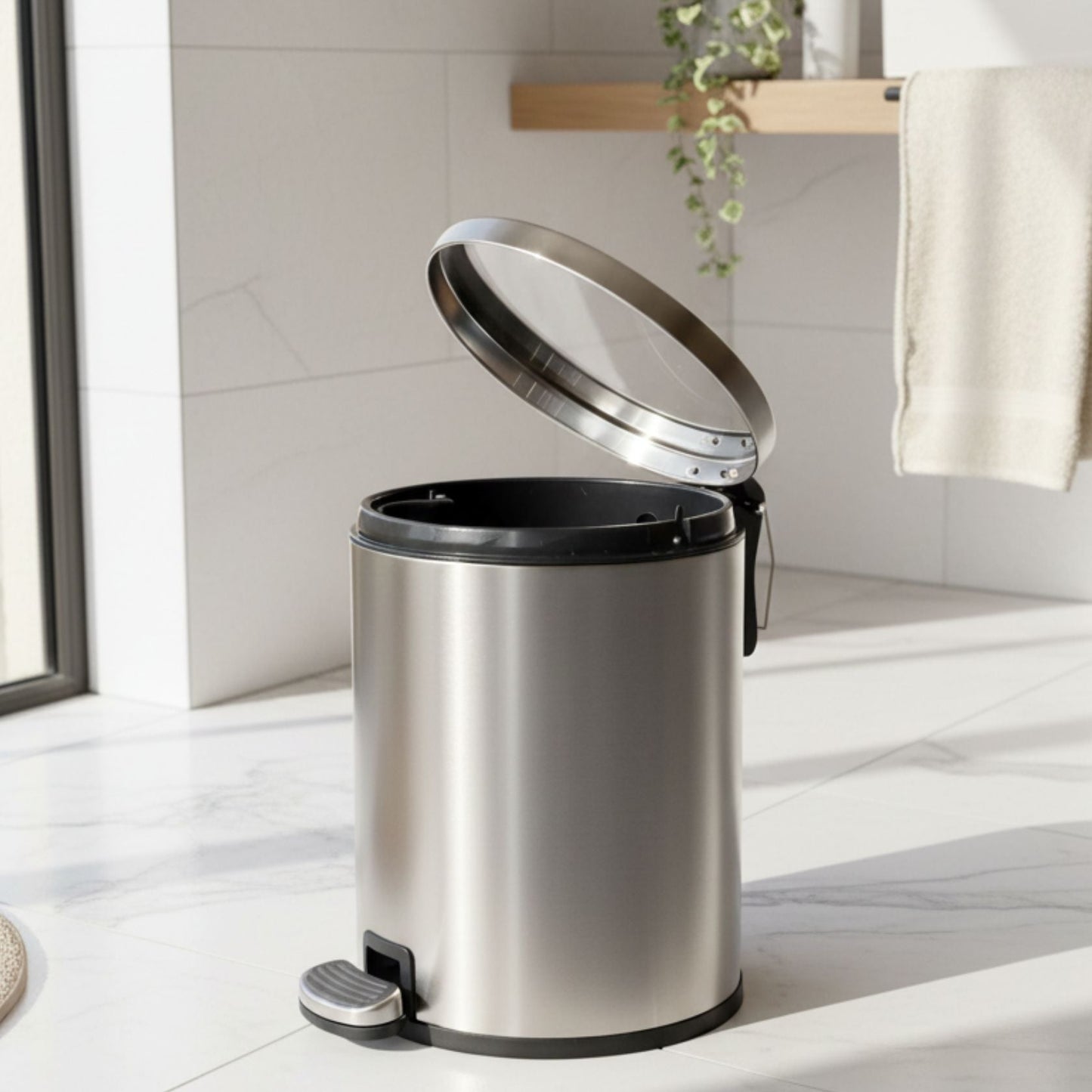 Silver Stainless Steel Pedal Dustbin - Round Step Trash Can