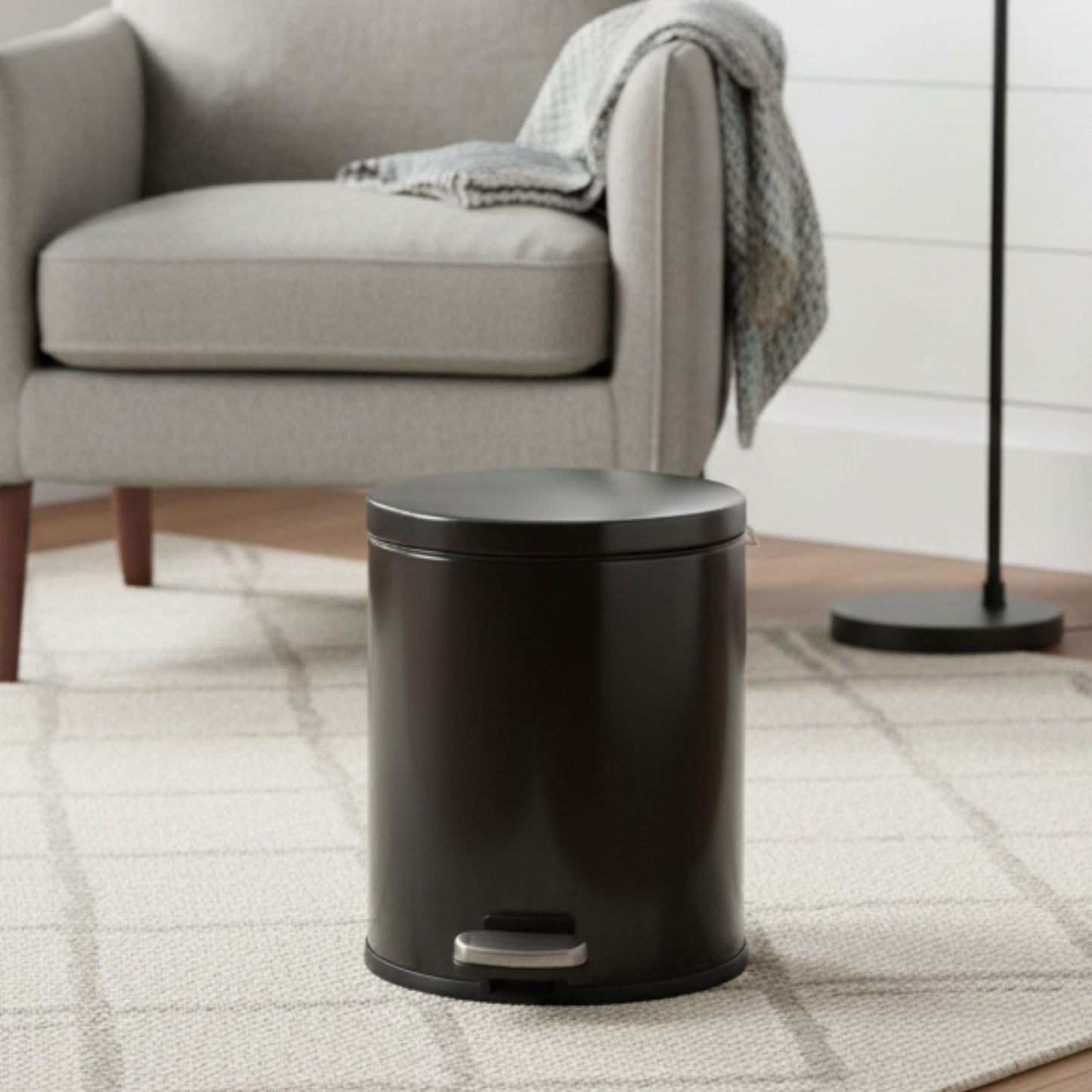 Black Stainless Steel Pedal Dustbin - Round Step Trash Can