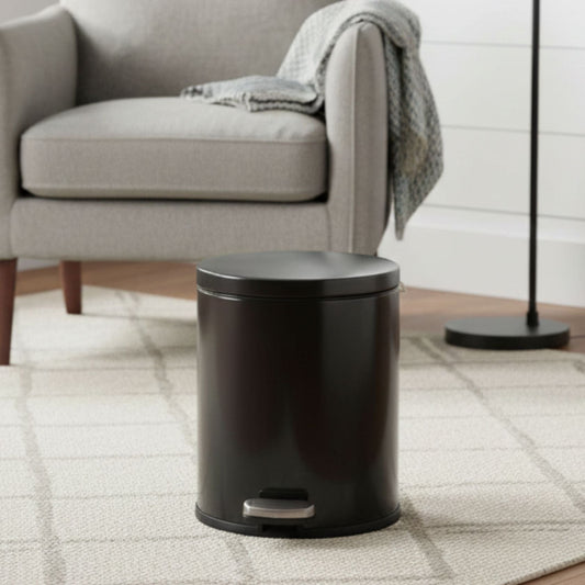 Black Stainless Steel Pedal Dustbin - Round Step Trash Can