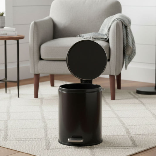 Black Stainless Steel Pedal Dustbin - Round Step Trash Can